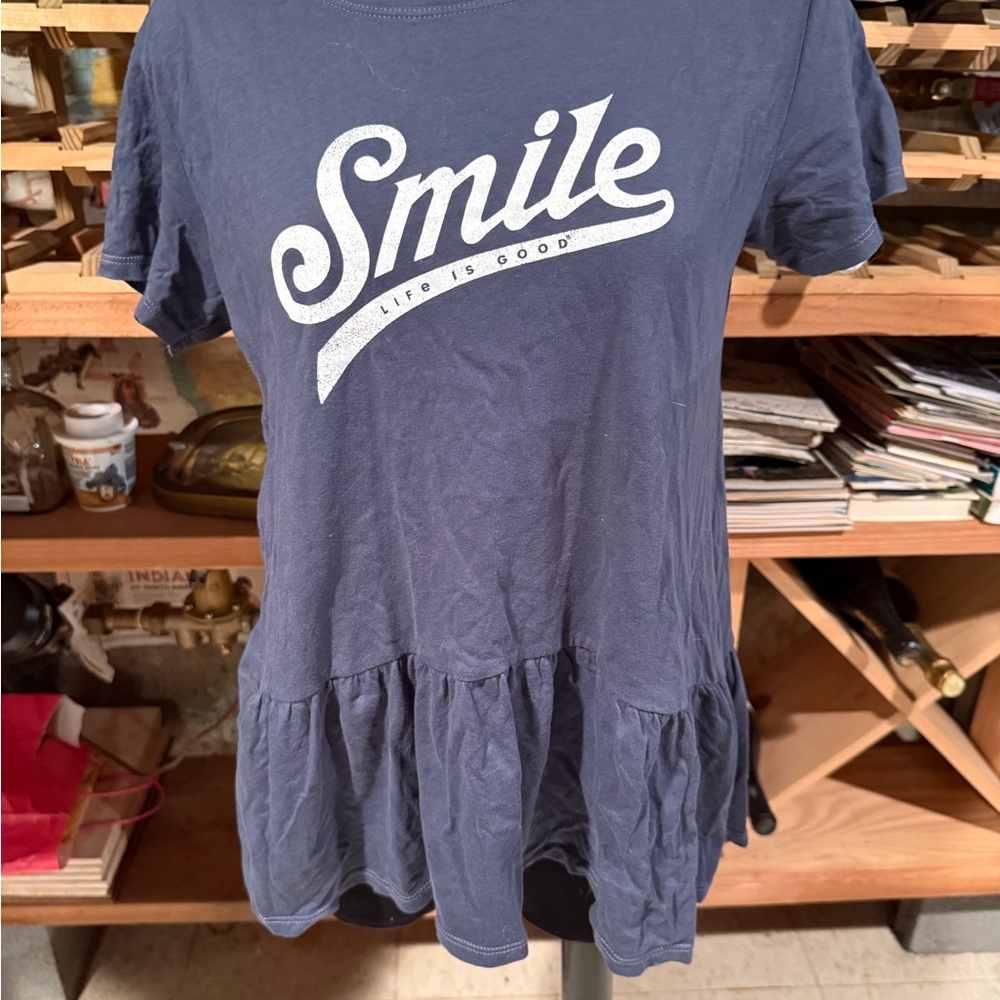 Life is Good Smile Crusher-Lite Peplum T-Shirt Navy Blue‎ Womens Small